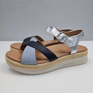 Vionic Mar Strappy Platform Sandal Size 8.5 Silver Blue Black Leather Espadrille